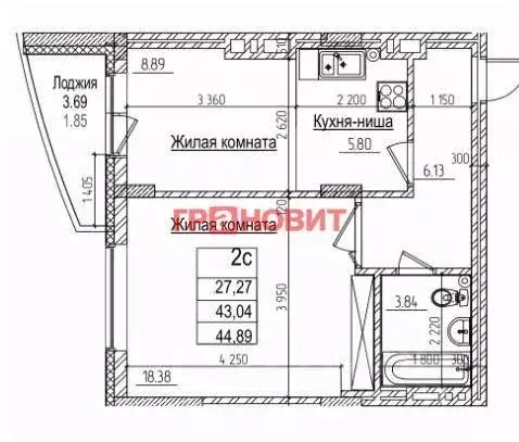 Квартира, 2 комнаты, 43 м - Фото 1