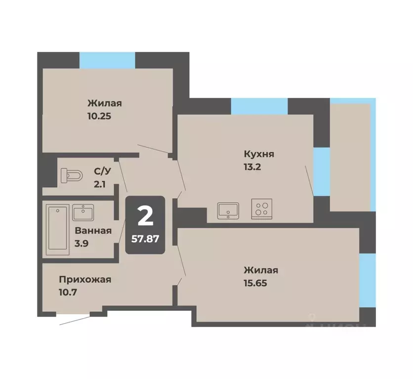 2-к кв. Чувашия, Чебоксары Новый Город мкр, ул. Новогородская (57.87 ... - Фото 1