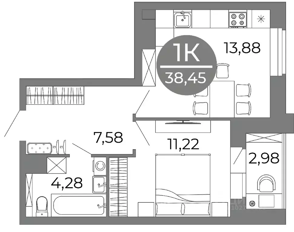 1-к кв. Воронежская область, Воронеж ул. Кривошеина (38.45 м) - Фото 0