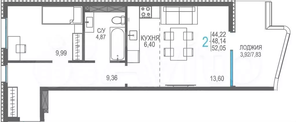 2-к. квартира, 48,1 м, 5/8 эт. - Фото 1