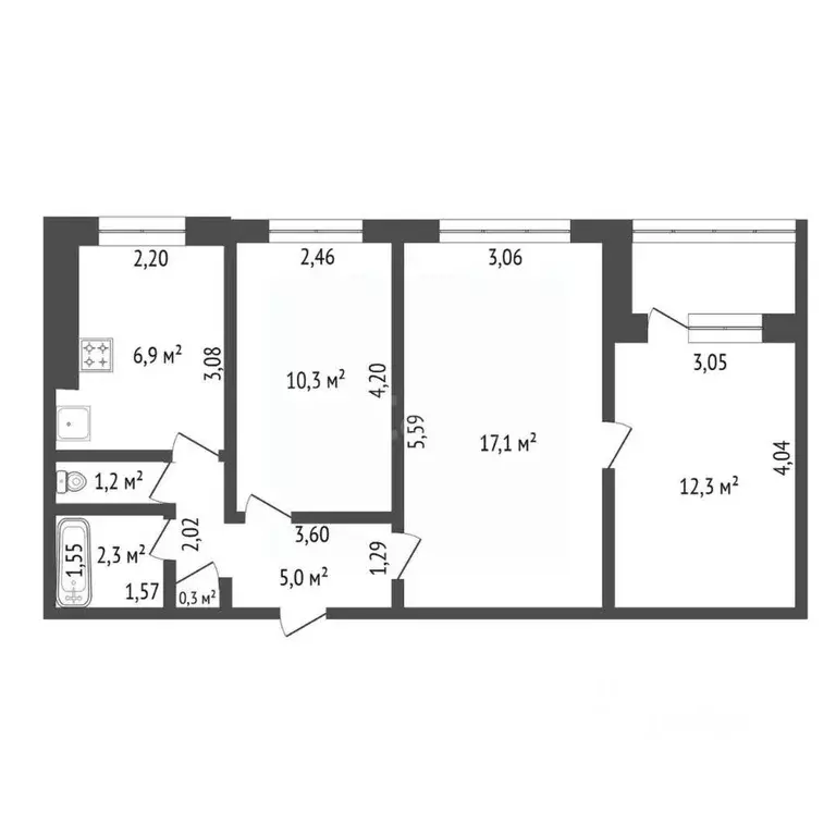 3-к кв. Башкортостан, Уфа ул. 50 лет СССР, 48 (56.0 м) - Фото 1
