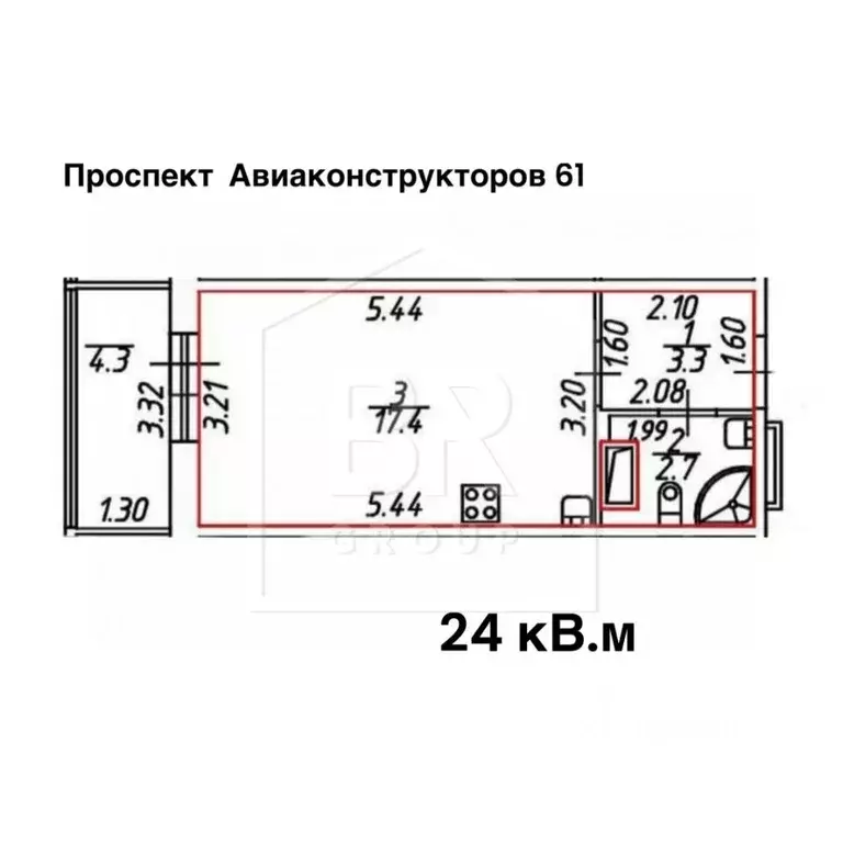 Студия Санкт-Петербург просп. Авиаконструкторов, 61 (24.0 м) - Фото 1