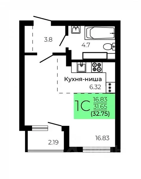 Студия Воронежская область, Воронеж Оникс жилой комплекс (32.75 м) - Фото 1