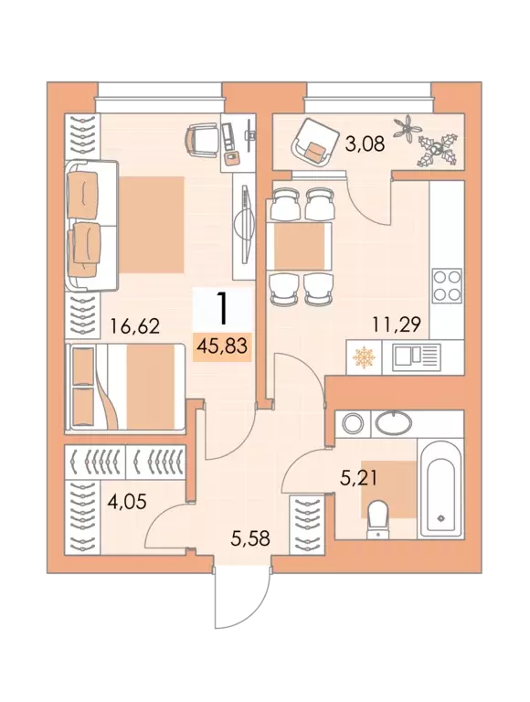 1-к квартира, 45.1 м - Фото 0