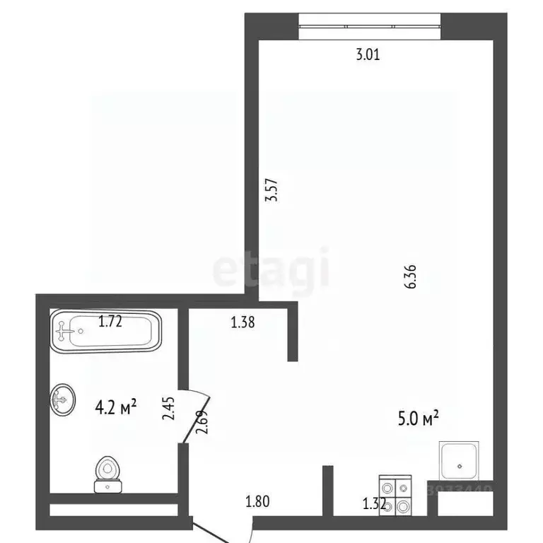 Студия Тюменская область, Тюмень ул. Первооткрывателей, 10 (24.4 м) - Фото 2