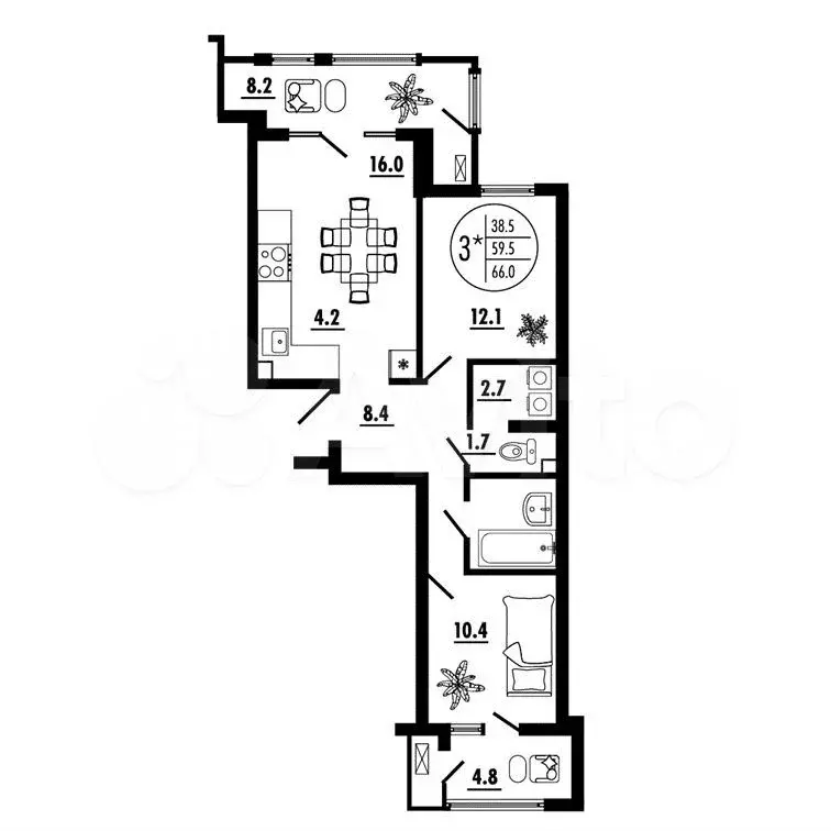 3-к. квартира, 66 м, 3/23 эт. - Фото 0