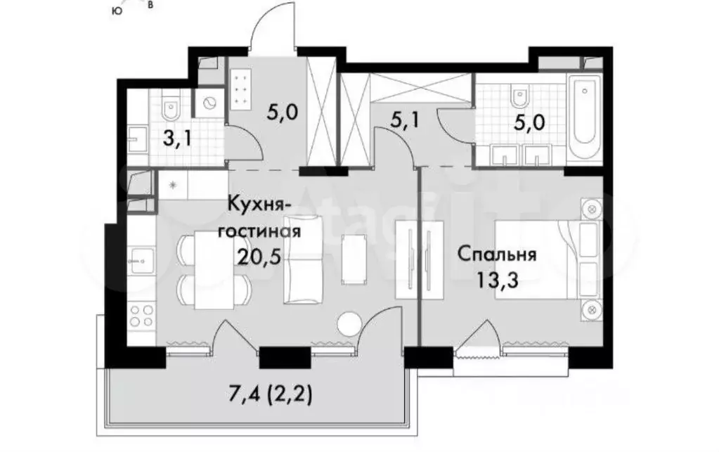 2-к. квартира, 54,2 м, 4/19 эт. - Фото 0