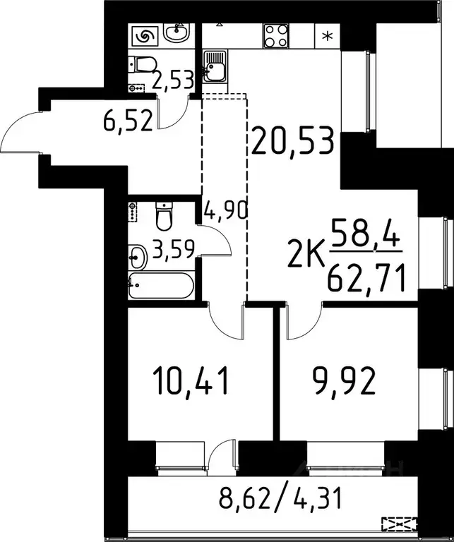2-к кв. Томская область, Томск ул. Вершинина, 58к2 (62.71 м) - Фото 0