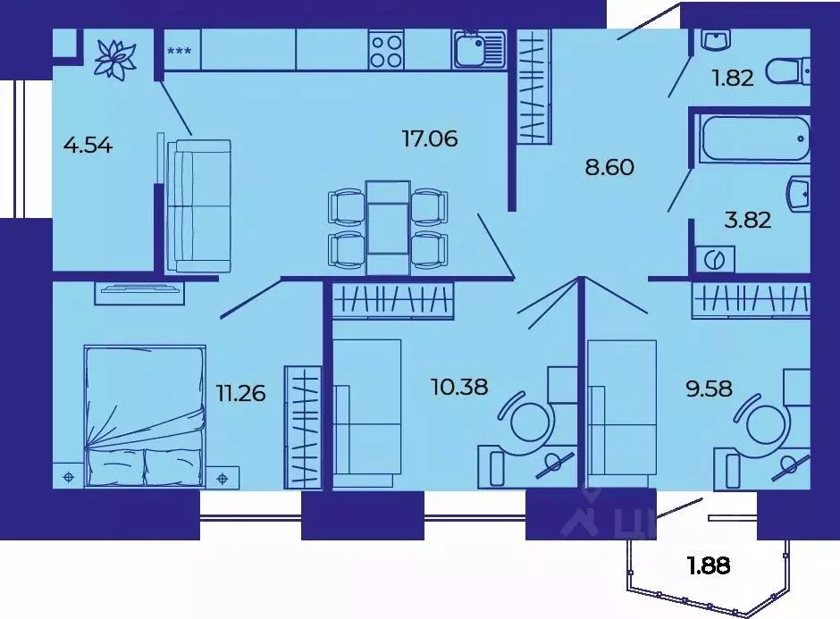 3-к кв. Брянская область, Брянск ул. Комарова (68.94 м) - Фото 1