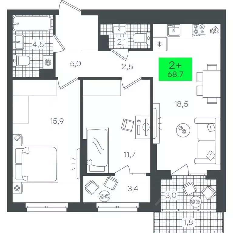 2-к кв. Тюменская область, Тюмень ул. Василия Малкова, 19 (68.78 м) - Фото 1