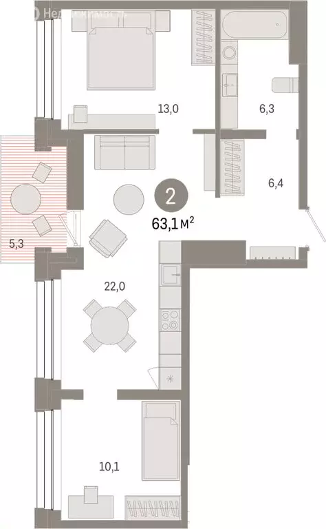 2-комнатная квартира: Тюмень, улица Муравленко, 9/2 (63.06 м) - Фото 1