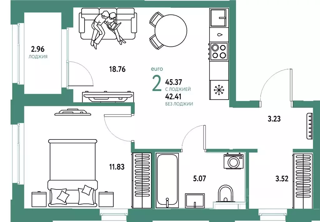 2-к кв. Тюменская область, Тюмень ул. 50 лет Октября, 61к1 (45.37 м) - Фото 1