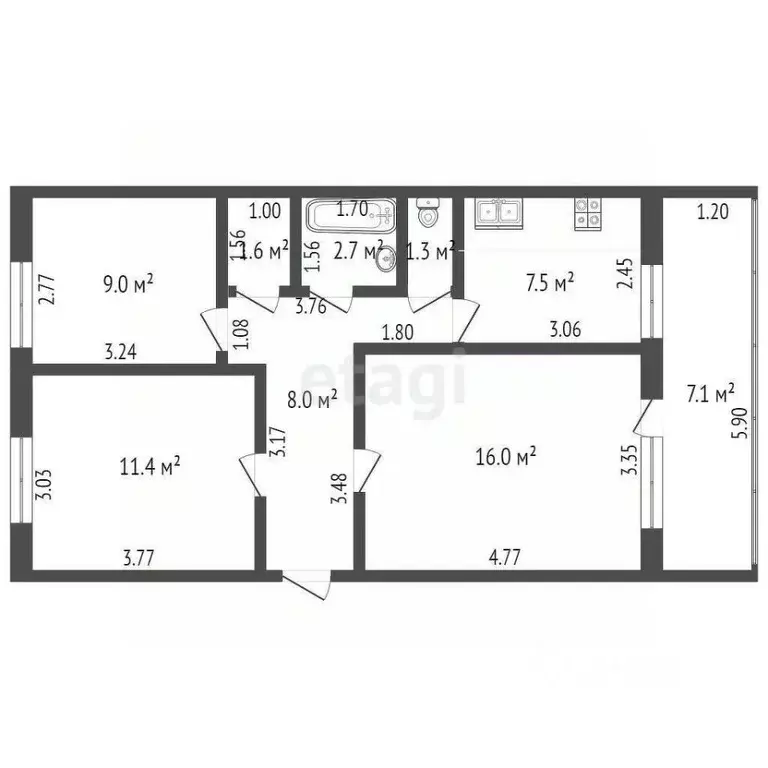 3-к кв. Башкортостан, Стерлитамак Стадионная ул., 19 (57.5 м) - Фото 2