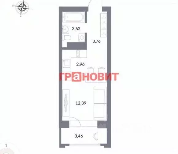 Студия Новосибирская область, Новосибирск ул. Державина, 50 (25.2 м) - Фото 1
