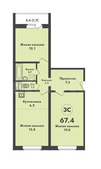3-к. квартира, 67,4 м, 9/17 эт. - Фото 0