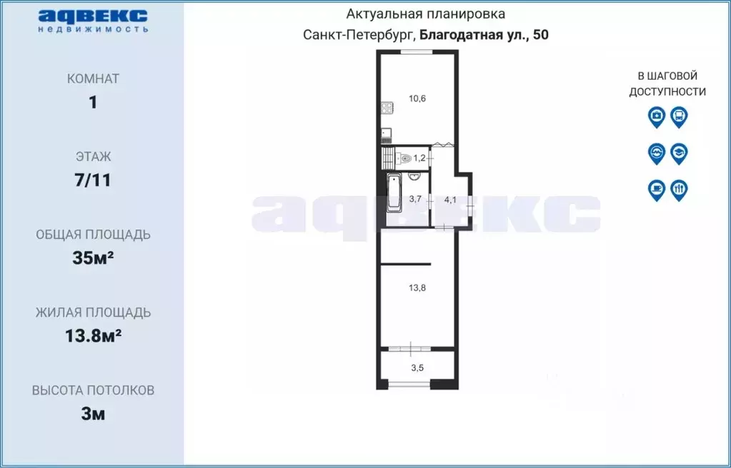 1-к кв. Санкт-Петербург Благодатная ул., 50с1 (35.0 м) - Фото 1