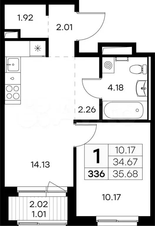 1-к. квартира, 35,7 м, 5/9 эт. - Фото 0