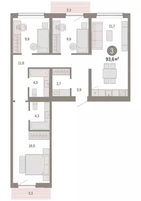 3-комнатная квартира: Новосибирск, Большевистская улица, с49 (93.59 м) - Фото 2