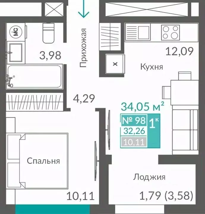 1-к кв. Севастополь ш. Балаклавское (32.26 м) - Фото 1