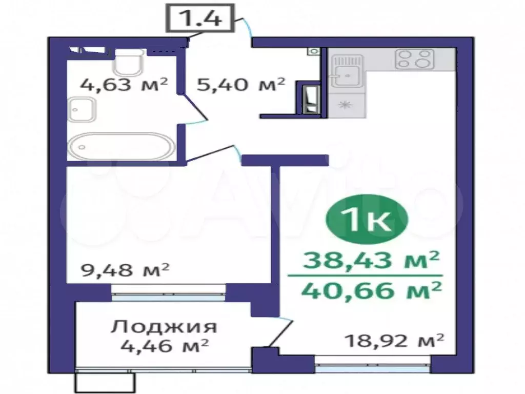 1-к. квартира, 38,4 м, 6/24 эт. - Фото 1