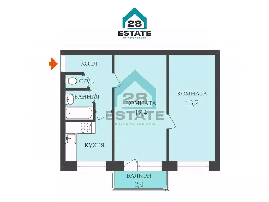 2-к кв. Санкт-Петербург Будапештская ул., 17К4 (44.6 м) - Фото 2