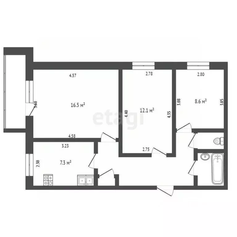 3-к кв. Челябинская область, Челябинск ул. Чайковского, 183 (59.0 м) - Фото 1