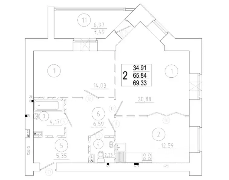 2-к кв. Омская область, Омск Старгород мкр, ул. Нагибина, 44 (69.3 м) - Фото 1