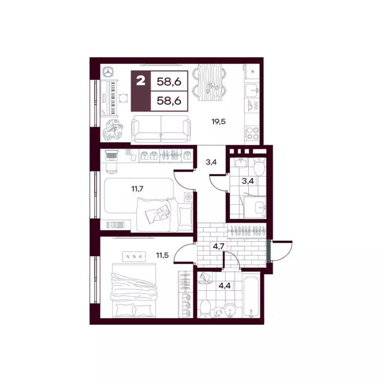 2-к кв. Тюменская область, Тюменский муниципальный округ, д. Дударева ... - Фото 1