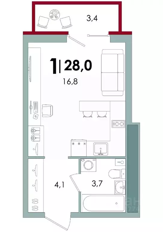 Студия Тверская область, Тверь Южный мкр,  (28.0 м) - Фото 0