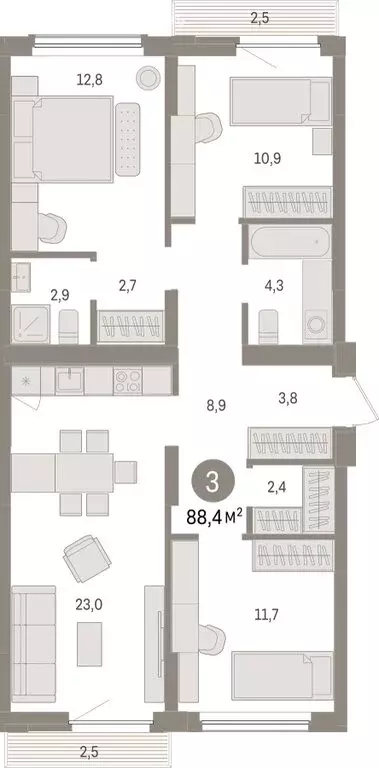 3-комнатная квартира: Липецк, площадь Петра Великого, 1 (88.4 м) - Фото 0