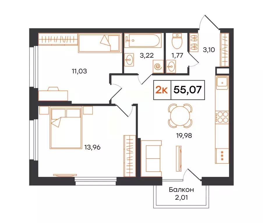 2-к кв. Тюменская область, Тюмень Полевая ул., 117к12 (55.07 м) - Фото 1