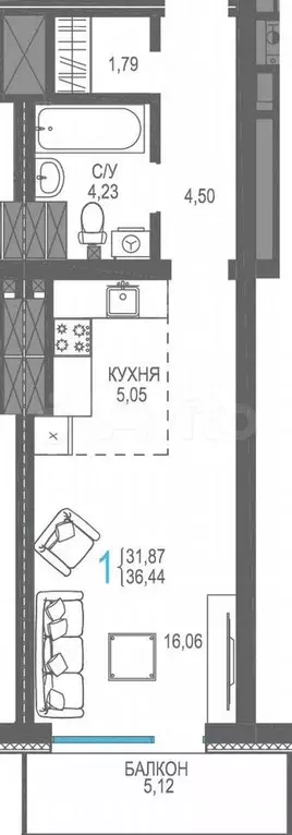 Квартира-студия, 36,4 м, 16/16 эт. - Фото 0