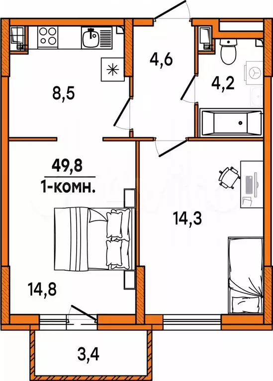 1-к. квартира, 47,4 м, 7/16 эт. - Фото 0
