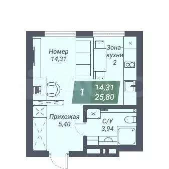 Апартаменты-студия, 25,8 м, 17/23 эт. - Фото 0