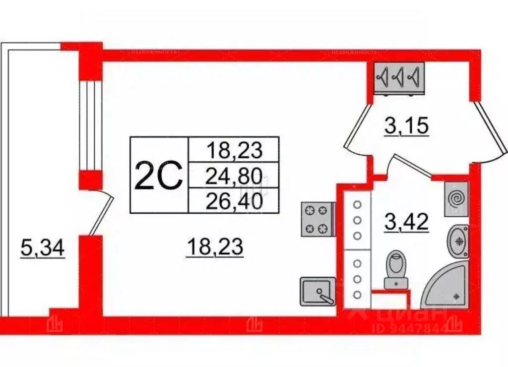 Студия Санкт-Петербург аллея Арцеуловская, 17 (24.8 м) - Фото 1