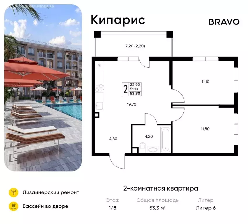 2-комнатная квартира: Сукко, жилой комплекс Кипарис (53.3 м) - Фото 0