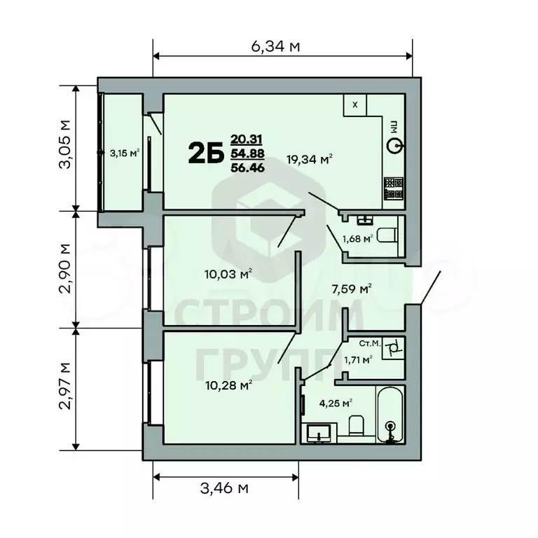 2-к. квартира, 56,5 м, 6/9 эт. - Фото 1