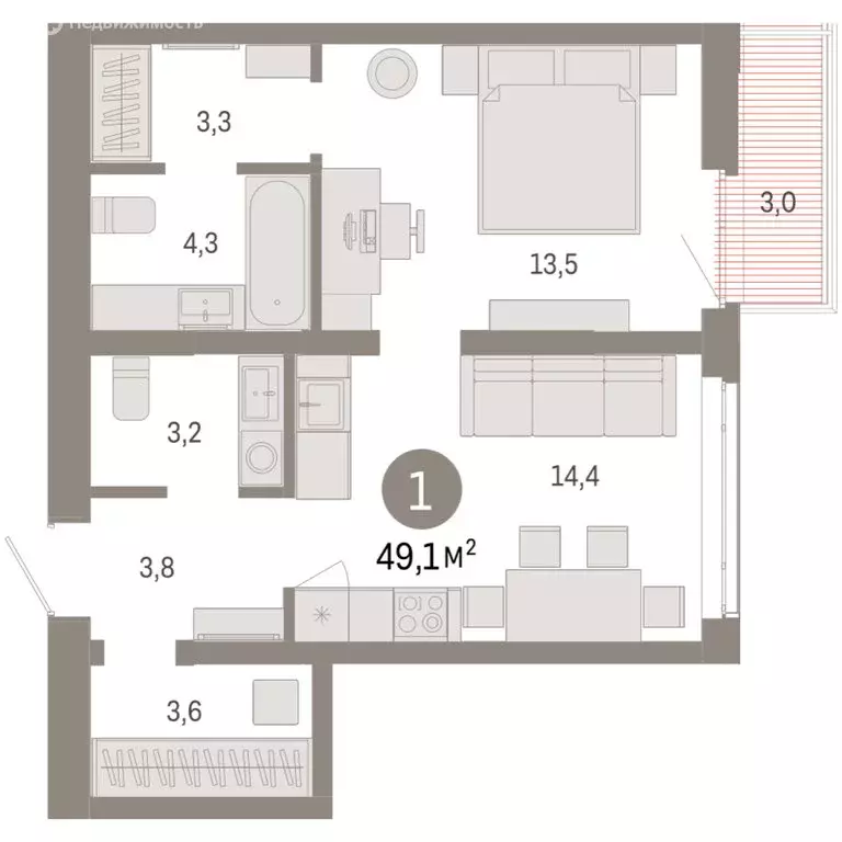 1-комнатная квартира: Тюмень, Ленинский округ (49.06 м) - Фото 1