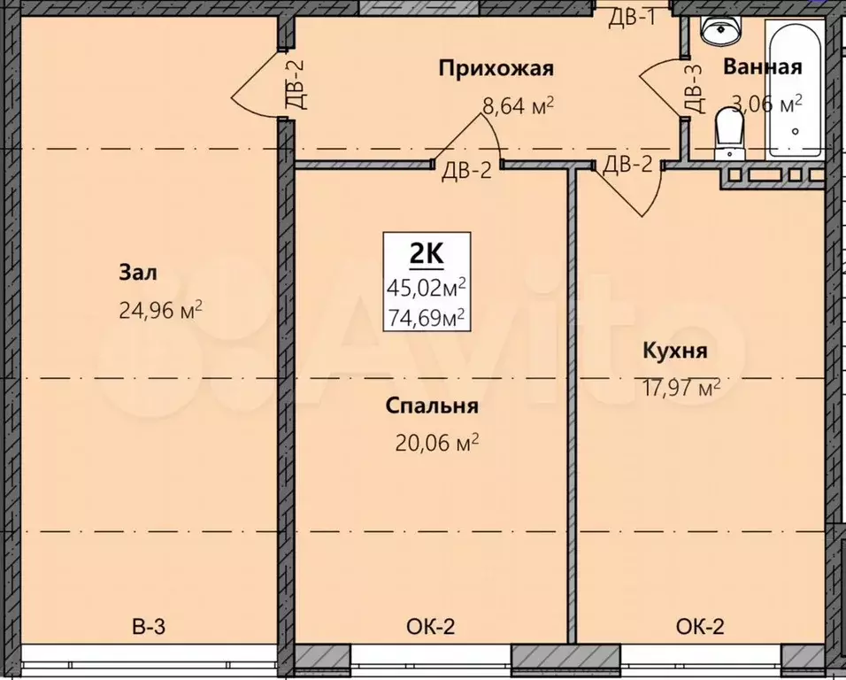 2-к. квартира, 74,7 м, 5/8 эт. - Фото 1