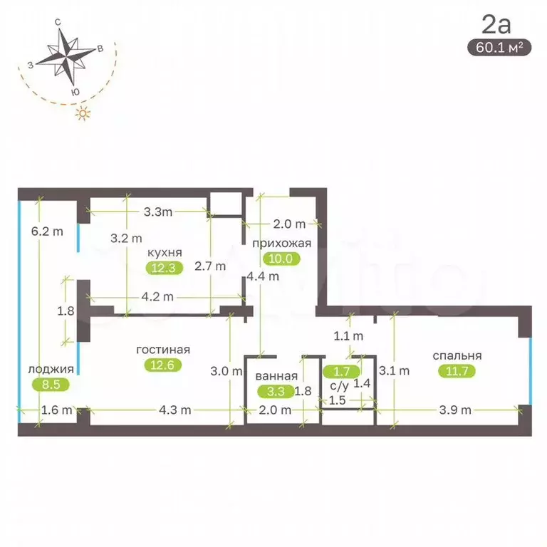 2-к. квартира, 60,1м, 15/17эт. - Фото 1