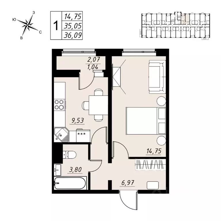 1-к кв. Тамбовская область, Тамбов Телецентр мкр,  (36.09 м) - Фото 1