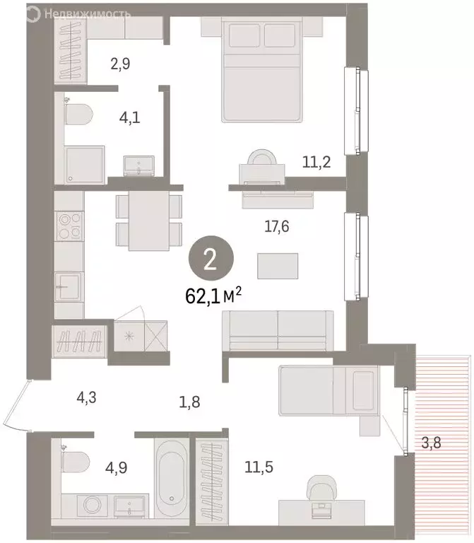 2-комнатная квартира: Челябинская область, Сосновский муниципальный ... - Фото 1