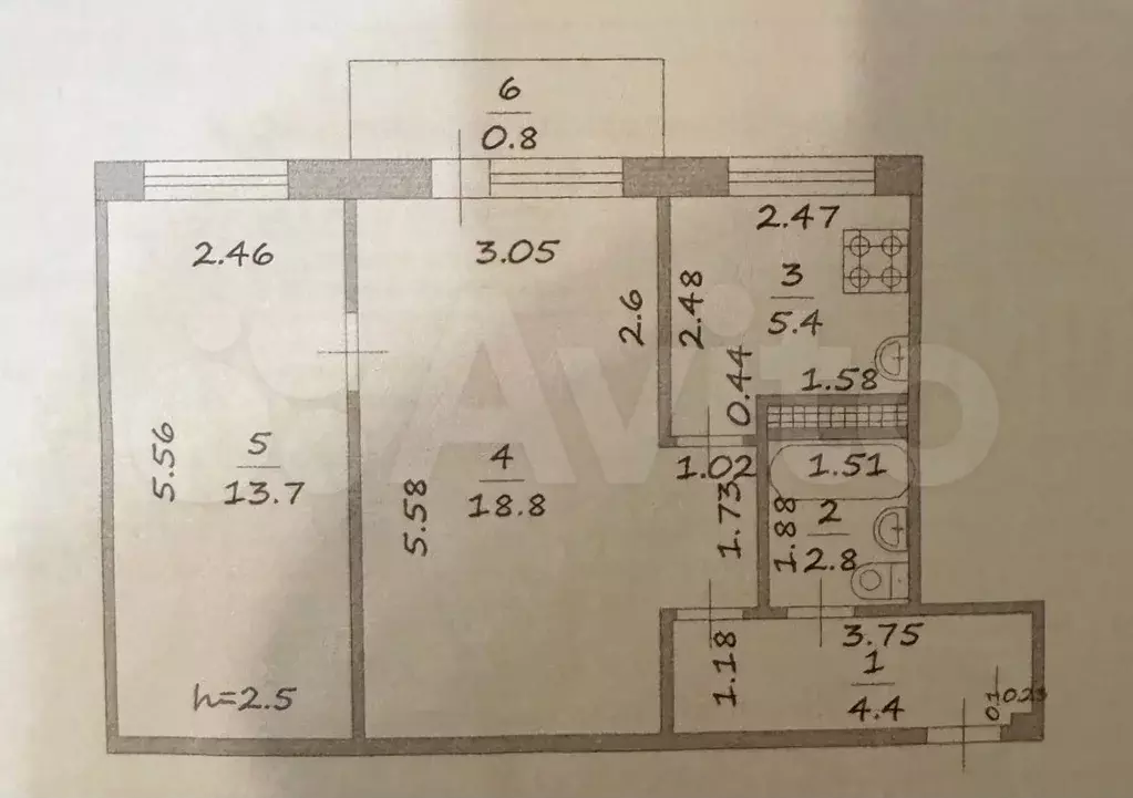 2-к. квартира, 45,1 м, 2/5 эт. - Фото 0