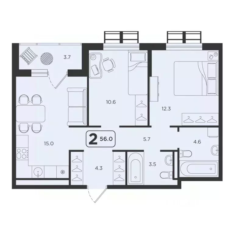 2-к кв. Тюменская область, Тюмень  (56.0 м) - Фото 1