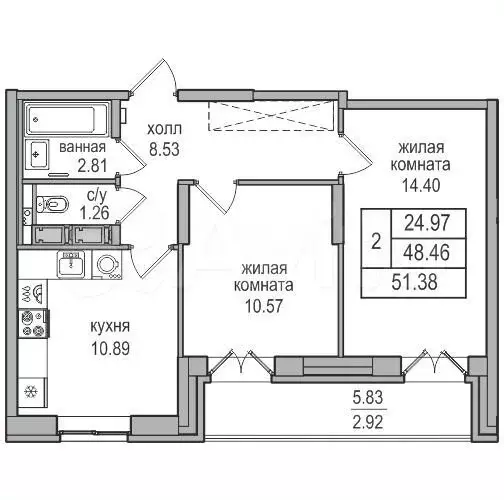 2-к. квартира, 48,5 м, 5/17 эт. - Фото 0