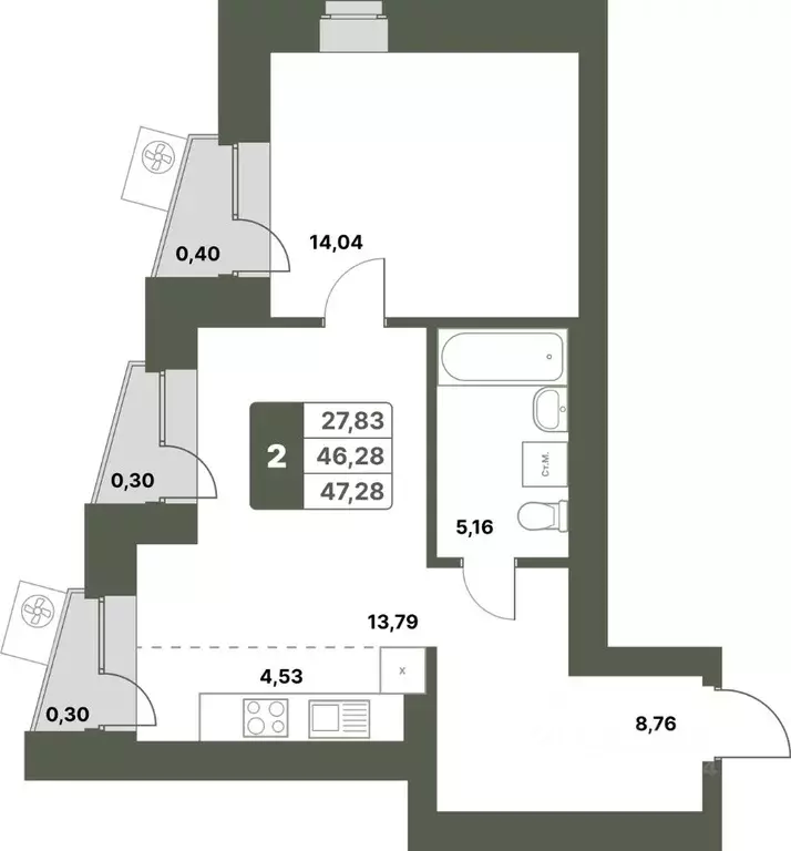2-к кв. Башкортостан, Уфимский район, с. Миловка  (47.28 м) - Фото 1