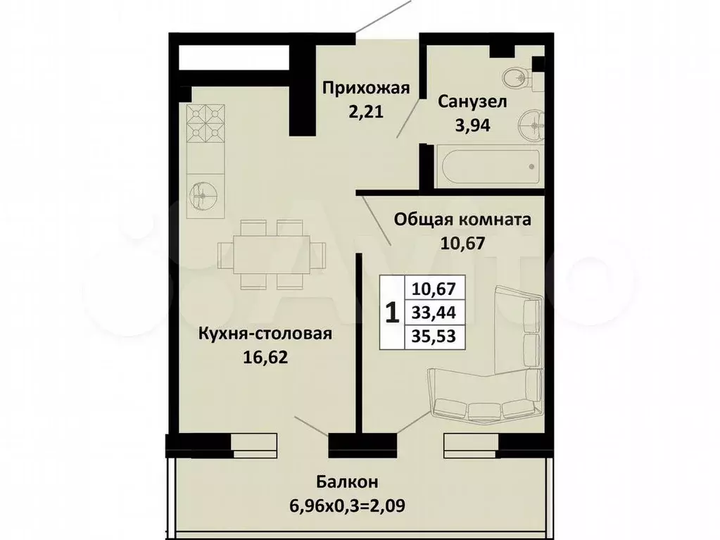 1-к. квартира, 35,5м, 4/4эт. - Фото 0