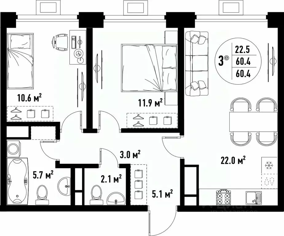 3-к кв. Астраханская область, Астрахань ул. Бэра, 29 (60.4 м) - Фото 1