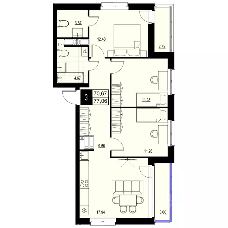 3-к кв. Самарская область, Самара Южное ш., 7А (73.87 м) - Фото 1