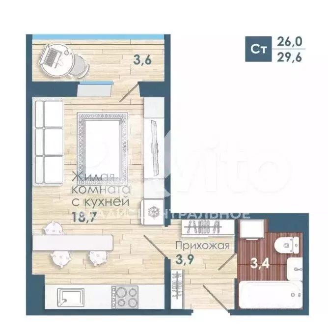 Квартира-студия, 25,6 м, 14/18 эт. - Фото 0